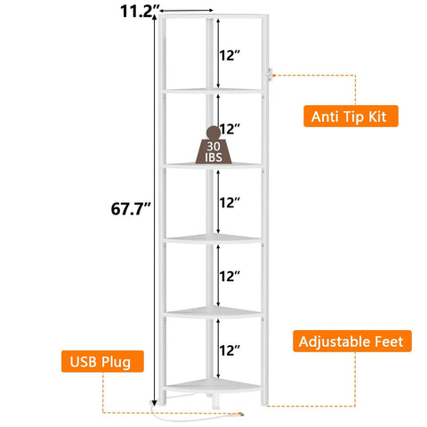 Diagram of Six Tier Corner Shelf With LED Light, 67.5 Inch Tall White Narrow Bookshelf showing dimensions and features