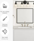 Rustic Farmhouse 4-Light Vanity Light In Matte Black With White Bowl Shades And Black Trim installed above bathroom mirror