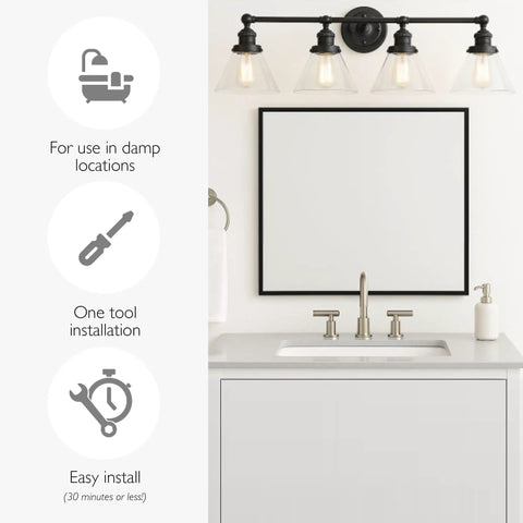 Rustic Farmhouse 4-Light Vanity Light In Matte Black With White Bowl Shades And Black Trim installed above bathroom mirror
