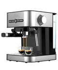 Hot Shot Fifteen Bar Espresso Machine With Lightning Fast Heating And Rich Milk Frother For Classic Cappuccino Latte And Mocha Featuring Point Four Liter Tank And Separate Temp Knobs For No Fuss Daily Brews making espresso with dual shots.