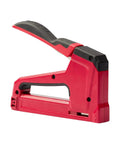 No Nonsense Heavy Duty Manual 2 In 1 Staple Gun And Brad Nailer For Upholstery Framing Insulation Woodworking Crafts Furniture Repair side view with red metallic finish.