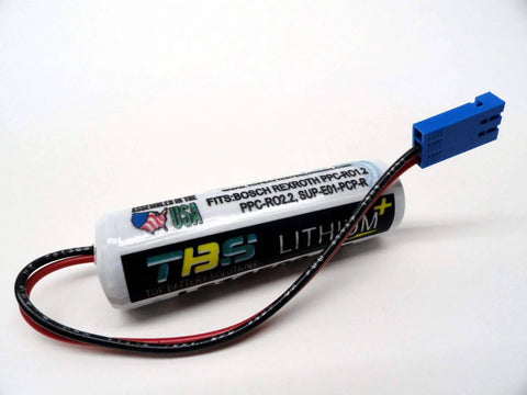 Close-up of Pack of 2 3.6V 2700mAh LS14500-RR Lithium PLC Memory Batteries, industrial controller backup with wire leads and connector.