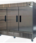 Commercial Three Door Reach In Freezer With Heavy Duty Stainless Steel Build ETL Certified Upright Setup 64 Cubic Foot Capacity left angle view.