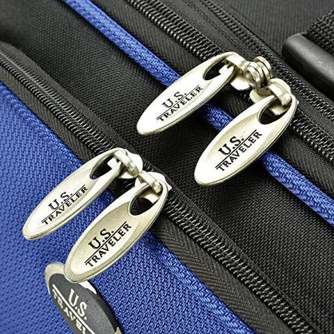 Blue U.S. Traveler rolling luggage close-up with three silver zipper pulls labeled U.S. Traveler.