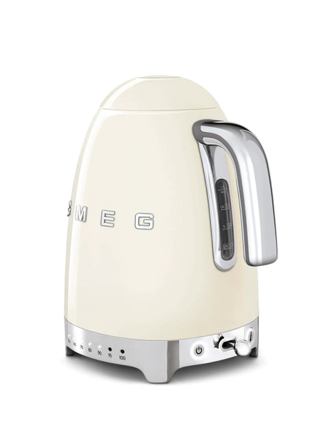 Side view of Variable Temperature Electric Kettle 1.7L With Fast Boil 1400W For Tea Or Coffee Nerds 122F To 212F Adjustable Temperature Keeps Warm Auto Shut Off 360 Degree Swivel Base Retro Cream Finish.