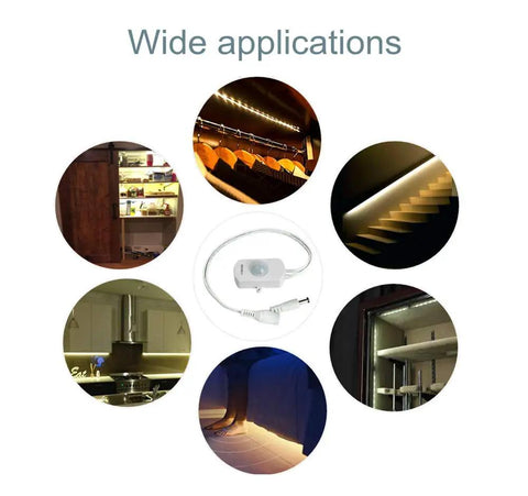 Mini PIR Motion Sensor Switch For DIY LED Lighting, Occupancy Sensor, showing applications in various lighting setups.