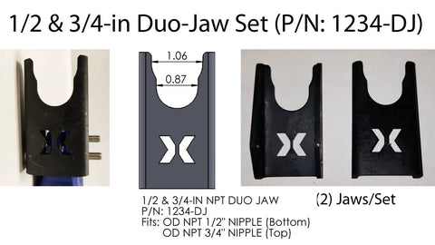 Blue Duo Jaw Set For QC Mate Clamp System 1/2 Inch And 3/4 Inch Jaws black metal jaws for QC-Mate clamp tool, shown with dimensions