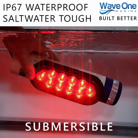 IP67 waterproof boat trailer guide post LED pole light set illuminated underwater, showing submersible durability.
