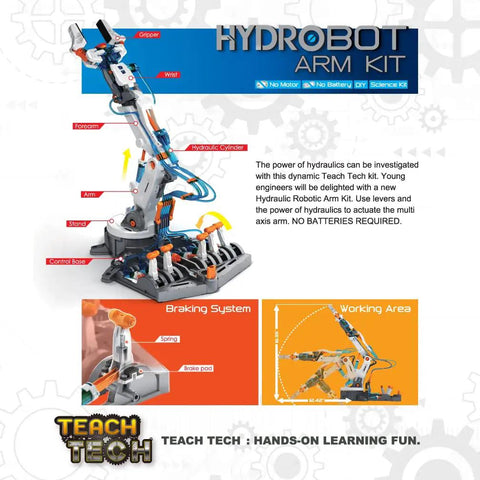 Hydrobot Arm Kit Hydraulic STEM Building Toy For Kids 12 Plus, featuring multi-axis water-powered robot arm model.