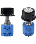 Two blue rotary potentiometers with black A03 knobs, part of a Three Piece Set Of 10k Ohm 10 Turn Rotary Potentiometers With Wire Wound Precision.
