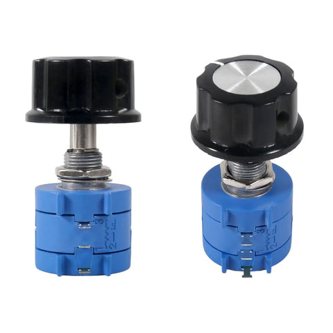 Two blue rotary potentiometers with black A03 knobs, part of a Three Piece Set Of 10k Ohm 10 Turn Rotary Potentiometers With Wire Wound Precision.