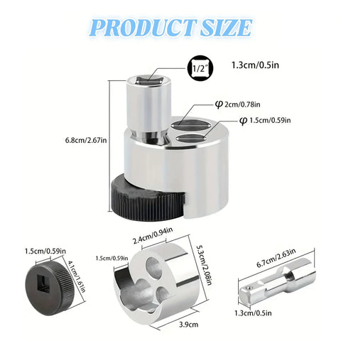 Universal Stud Removal Tool And Bolt Remover For Damaged Wheel Studs And Broken Bolts One Quarter To Three Quarters Inch Size Range (6-19mm) With Reverse Thread No Drill Or Heat Required For Fast Easy Extraction shown with detailed dimensions and components