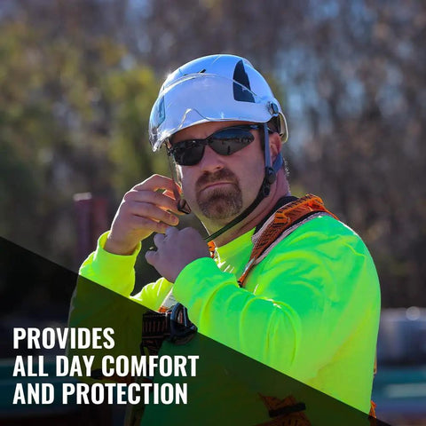Worker wearing Fall Protection Safety Helmet For Construction With Adjustable Vents And Clear Visor Lightweight Hard Hat on site