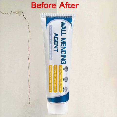 Drywall Repair Kit With 130G Universal Paste Cream For DIY Home Fixes Easy Wall Mending And Quick Patch Spackle And Wall Patch Kit In White Plastic Ideal For Home Improvement Projects, showing wall mending agent tube and before-after wall repair.