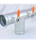 Top Shelf Three Way Stainless Steel Air Duct Damper Valve With Plug And Play Ventilation Flow Control For Any Garage Shop Project Demanding Sick Airflow Performance, showcasing a silver 3-way valve with orange handles.