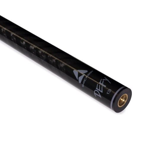 A Total Table Crusher Mcdermott G1702 Pool Billiard Cue Featuring Defy Carbon Fiber Shaft And 13 Millimeter Joint, close-up view of the carbon fiber shaft.
