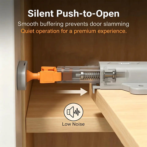 Push To Open Cabinet Hardware 2 Pack Beefed Up Heavy Duty Non Magnetic Touch Latch With Silent Soft Close Rebound Mechanism Hidden For Kitchen Wardrobe RV And Bathroom Cabinet Doors Easy Install, close-up installed