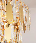 Close-up of crystals on the Lit Gold Finish Modern Crystal Chandelier, 5-Tier 7-Light Round Pendant Ceiling Light With Adjustable Chain