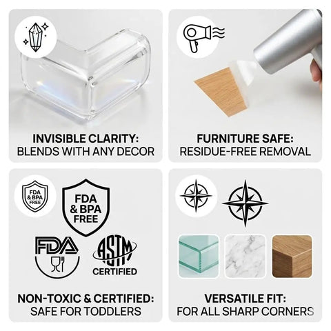 Top Notch Baby Corner Protectors 16 Piece Clear Table Edge Guards showcasing safety features and certifications for toddler use.