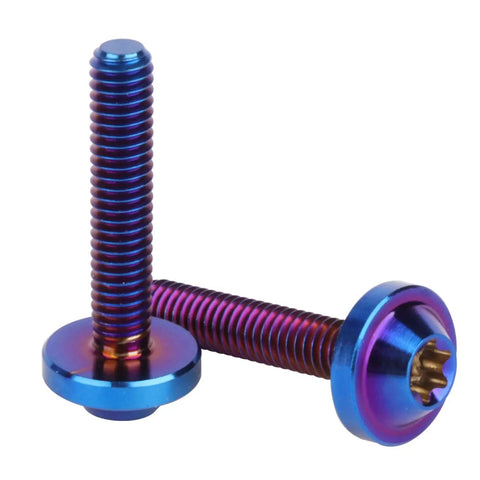 Grade Five Titanium Bolts For Bike And Moto Mods Button Torx Head Screws With Knockout Rust Resistance Heavy Duty Fasteners For Built Different Rides Set Of Four Slick Burnt Blue M4x20mm Hardware Pieces, two screws angled view.