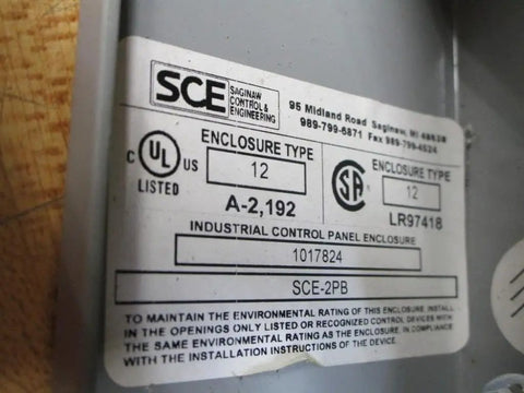 Industrial Control Panel Enclosure 2PB Series label with specifications and approvals, metal cabinet for electrical control panels.