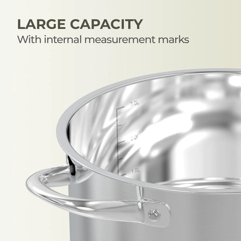 Close-up of 12 Quart Stock Pot With Lid Stainless Steel Large Pot For Cooking with internal measurements, perfect for boiling.