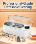 Ultrasonic Jewelry Cleaner Delivers Knockout Deep Clean With 48KHz Waves 440Ml Tank showing glasses, watch, and jewelry in use.