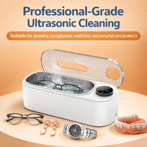 Ultrasonic Jewelry Cleaner Delivers Knockout Deep Clean With 48KHz Waves 440Ml Tank showing glasses, watch, and jewelry in use.