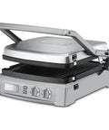 Cuisinart Deluxe Electric Griddler In Stainless Steel; 1800W cooking surface with adjustable top cover and dual zone controls.