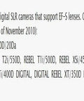 Compatibility list for Go-To 55-250mm F4-5.6 IS STM Telephoto Zoom Lens with Image Stabilization on EOS digital cameras.
