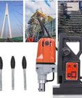 Kickass 1100W Magnetic Drill Press Delivers Raw High Speed Benchtop Power For No Sweat Annular Cutter Tapping And Clean Metal Hole Drilling Works With Reliable Rack And Pinion Depth Control displayed with drill bit accessories and construction images.