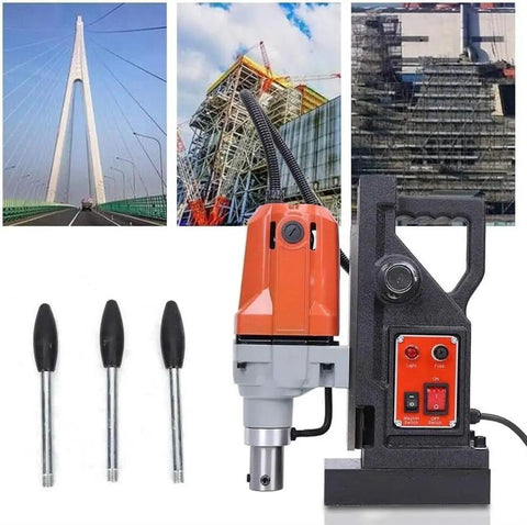 Kickass 1100W Magnetic Drill Press Delivers Raw High Speed Benchtop Power For No Sweat Annular Cutter Tapping And Clean Metal Hole Drilling Works With Reliable Rack And Pinion Depth Control displayed with drill bit accessories and construction images.