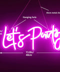 Lit Dimmable LED Neon Sign For Wall Decor 16x7 Inches White Neon Art Light Perfect For Bachelorette Parties Engagements Birthdays And Wedding Celebrations showing 'Let's Party' script in purple light with measurements and hanging chain.