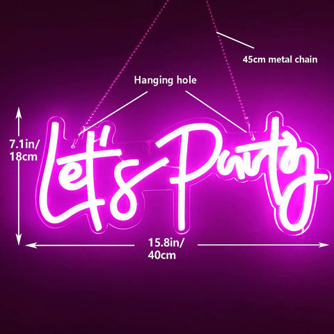 Lit Dimmable LED Neon Sign For Wall Decor 16x7 Inches White Neon Art Light Perfect For Bachelorette Parties Engagements Birthdays And Wedding Celebrations showing 'Let's Party' script in purple light with measurements and hanging chain.