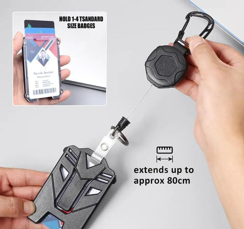 Retractable Badge Reel With Heavy Duty Carabiner Clip And Lanyard For ID Cards Holder Boss Level Tough Tactical Keychain in use.