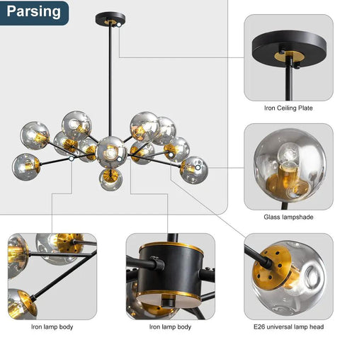 12 Light Globe Sputnik Chandelier With Smoked Glass For High Ceilings Contemporary Ceiling Light Fixture Pendant Lighting details