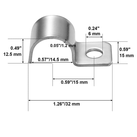 304 Stainless Steel Conduit Pipe Clamps Mounting Brackets One-Hole P-Type Clips dimensions view with measurements and specs shown