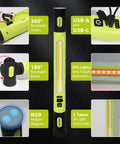Under Hood Work Light Bar With 3000 Lumens Ultra Bright LEDs Magnetic Mount With Four Magnets And Two Hooks Rechargeable 5200mAh Portable Hood Light For Mechanics Car Repair Auto Shop Garage features close-up of adjustable hooks, USB ports, SOS lights, and magnetic base.