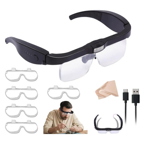 Rechargeable Hands Free Magnifier Headset With Five Detachable Lenses From 0.75X To 4.0X And Three LED Lights For Close Up Work