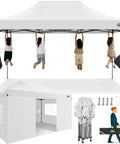 10x15 Heavy Duty Pop Up Canopy Tent With 4 Sidewalls for outdoor weddings and parties, hanging test showing strong steel frame.