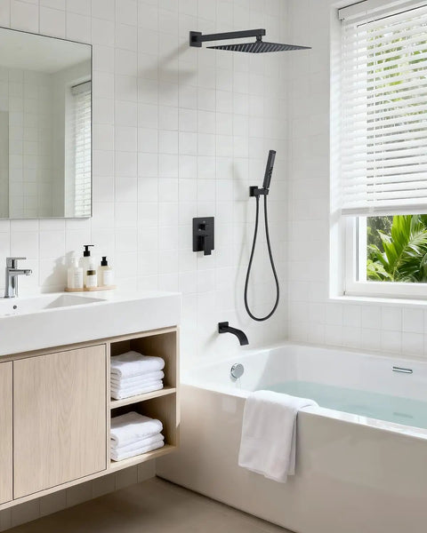 Wall Mounted Bathtub Shower System With A Clean Matte Black Look And Legit Heavy Duty Brass Rough In Valve, Includes A Massive 12 Inch Rainhead And Handheld Spray Combo For Stress Free Reno Jobs