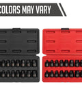 Low Profile Impact Hex Driver Set Three Eighths Inch Drive Sixteen Piece Dual Size Markings From One Quarter Inch To Three Quarters Inch SAE And Metric Chrome Moly Steel Solid One Piece Construction Fits Tight Spaces Heavy Duty Case ANSI Compliant in black and red cases.