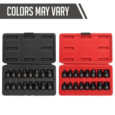 Low Profile Impact Hex Driver Set Three Eighths Inch Drive Sixteen Piece Dual Size Markings From One Quarter Inch To Three Quarters Inch SAE And Metric Chrome Moly Steel Solid One Piece Construction Fits Tight Spaces Heavy Duty Case ANSI Compliant in black and red cases.