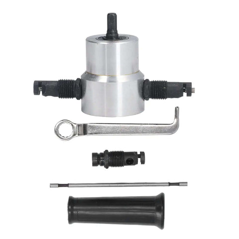 Heavy Duty Pro Grade Double Head Sheet Metal Nibbler Drill Attachment Kit with accessories displayed.