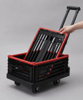Foldable Grocery Trolley With Basket Hand Push Cart With Long Handle And Detachable Panel, Quiet Swivel Wheels, Lightweight Black Utility Wagon For Shopping And Your Everyday Hauls On The Go, black slatted basket with red rim