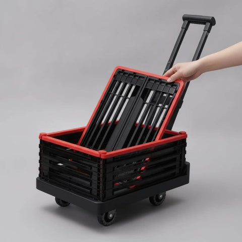 Foldable Grocery Trolley With Basket Hand Push Cart With Long Handle And Detachable Panel, Quiet Swivel Wheels, Lightweight Black Utility Wagon For Shopping And Your Everyday Hauls On The Go, black slatted basket with red rim