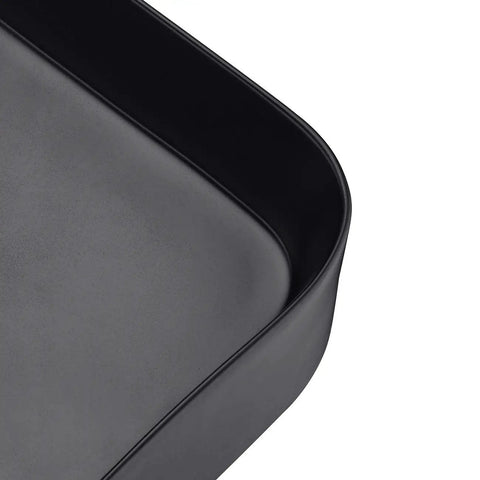Rectangular Matte Black Vessel Sink Dope Modern Look 22x15 Inches, corner view showing sleek black finish.