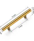 Gold cabinet pull with dimensions, illustrating the 5 inch length and 3 inch center-to-center spacing.