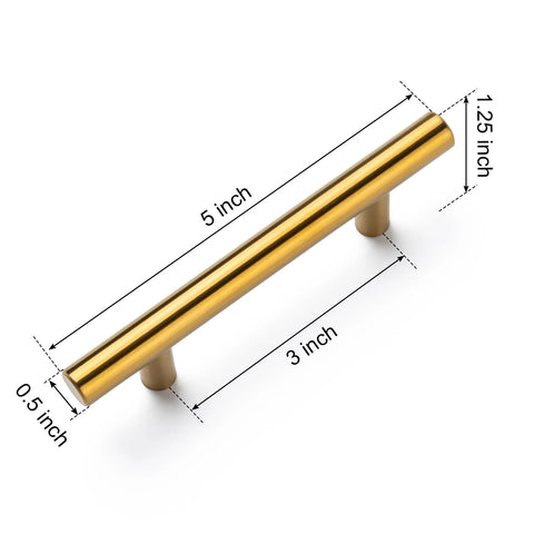 Gold cabinet pull with dimensions, illustrating the 5 inch length and 3 inch center-to-center spacing.
