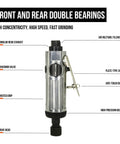 Quarter Inch Pneumatic Straight Air Die Grinder Heavy Duty Industrial Power Tool For Precision Polishing And Bold Metal Processing with detailed labeling.